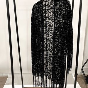 Zara Kimono - Black Velvet and Sheer w/ Fringe